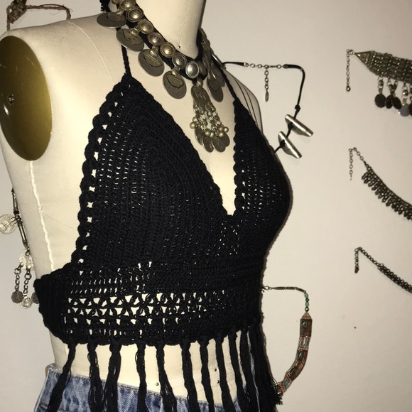 Black Crochet Festival Halter Fringe Crop Top - Picture 2 of 4